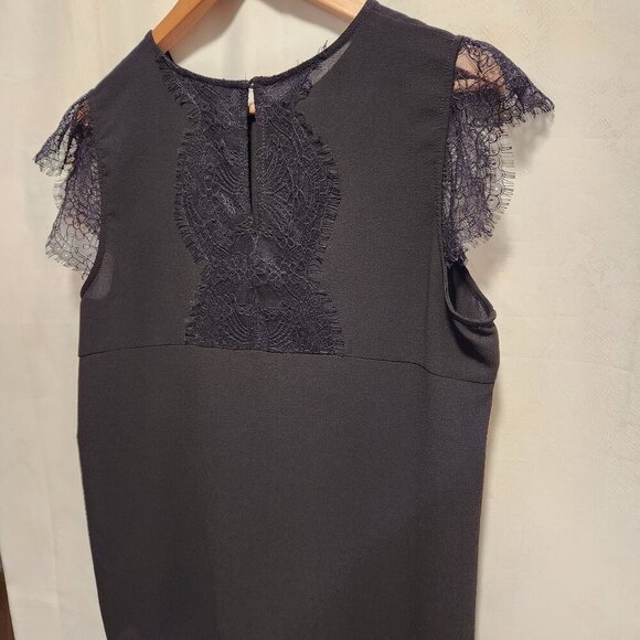 Halogen Women's Size M Black Lace Cap Sleeve Crew Neck Blouse Hi-Low Hemline - Picture 8 of 9